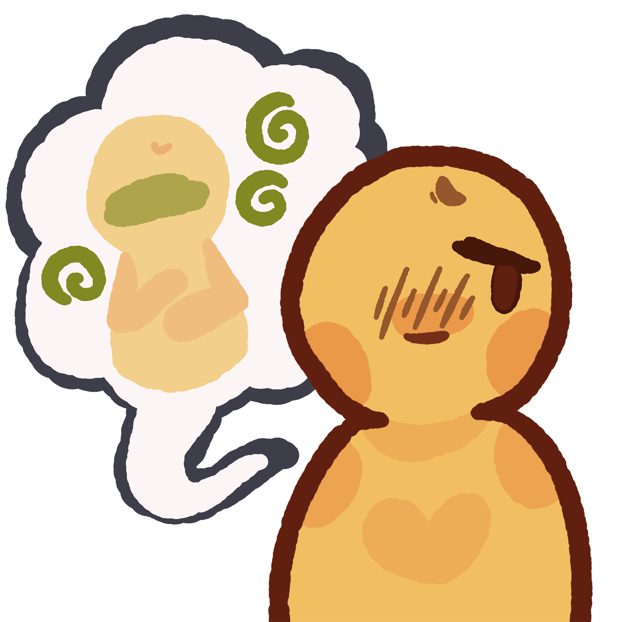 A simple yellow person with a worried/scared expression. A wobbly speech bubble is coming from them, there is a lineless drawing of a lighter yellow person with green swirls around them and a sick like look